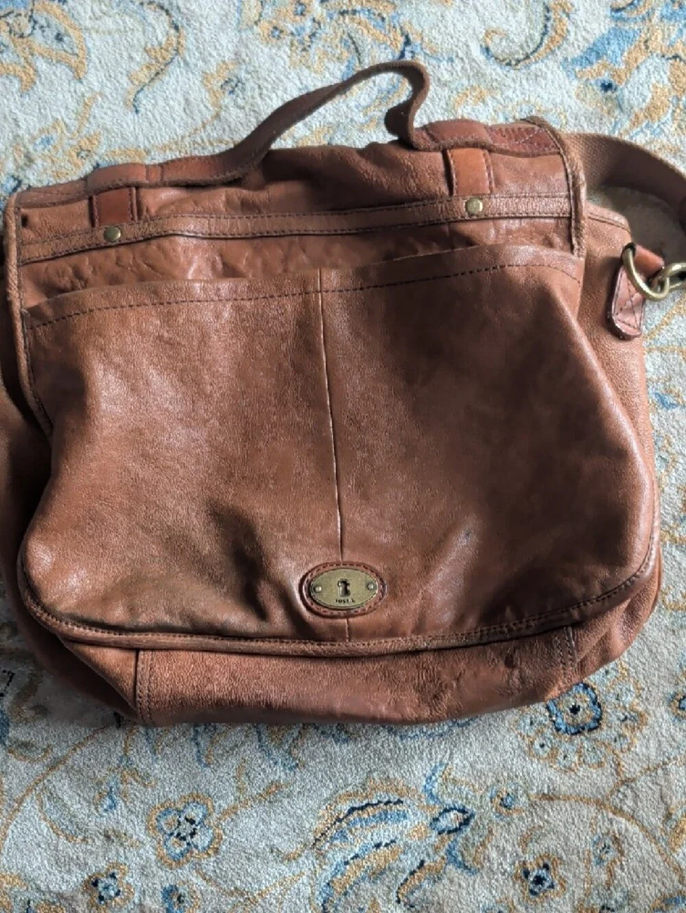 Vintage Fossil Brown Leather Messenger Bag with Strap
